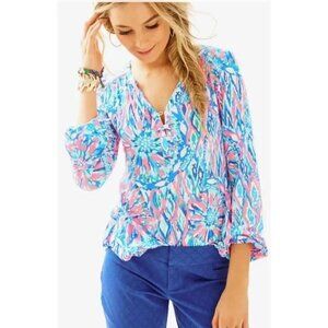 NWT Lilly Pulitzer Top Lilias Pink Blue Tiki Shake It Long Sleeve Henley XS